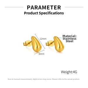 Detailed size specifications of 12mm x 6mm golden stainless steel teardrop stud earrings