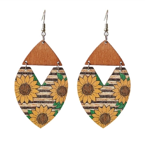 Bohemian sunflower patterned heart-shaped wooden drop earrings with geometric stripes