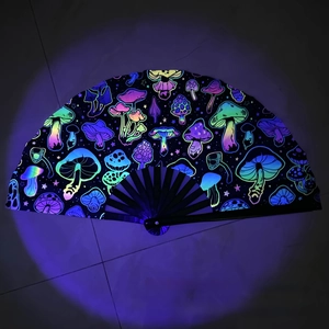 Detail of neon mushroom pattern on folding fan under UV light effect