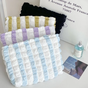Makeup Bag Pleated Bubble Seersucker Fabric Large Capacity Stripe Portable Cosmetic Organizer For Travel Sweet Fashion