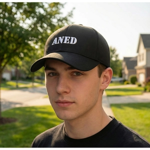 Detailed view of white letter ANED embroidery on a black casual baseball cap outdoors