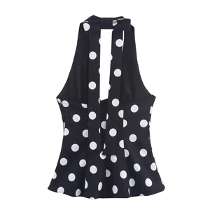 Polka dot halter top for women with elegant bow tie detail and backless design