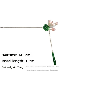Dettaglio del bastoncino per capelli loto da 14,8 cm con dimensioni e smalto floreale