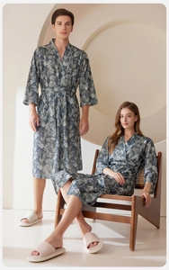 Detail of palm leaf print bathrobes with kimono collar and waist belt for couples