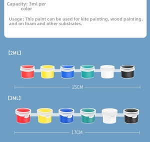 Detailed size specifications for 2ml and 3ml six-color acrylic paint strips for DIY crafts