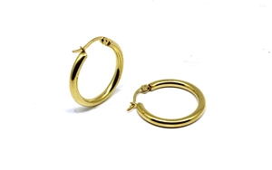 Detailed view of 3mm thick gold-plated stainless steel hoop earrings on white background