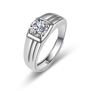 Macro shot of silver men's adjustable ring with large round solitaire moissanite stone