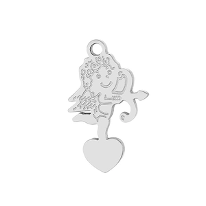Macro shot of silver stainless steel Cupid angel pendant with heart base and bow details