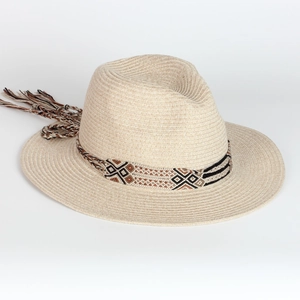 Beige Fedora straw hat with Bohemian geometric band and tassels for beach sun protection