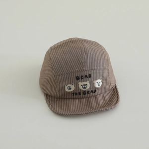 Detail of baby striped baseball cap with cute bear embroidery and BEAR text