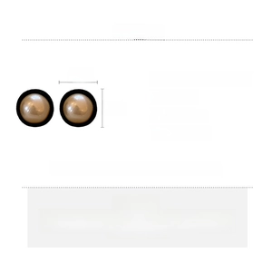 Detailed view of round brown faux pearl stud earrings with black frame and 1.7cm dimensions