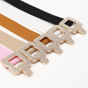 Elastic waist belts with rhinestone buckles in black, white, camel, beige and pink