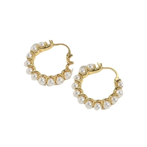 Elegant 14K gold plated hoop earrings featuring multiple small white pearls for women