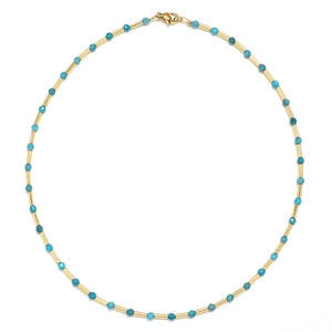 Bohemian sweater necklace with turquoise faceted beads and gold-tone metal tubes