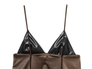Detail of faux leather triangle cups and brown satin fabric stitching on top