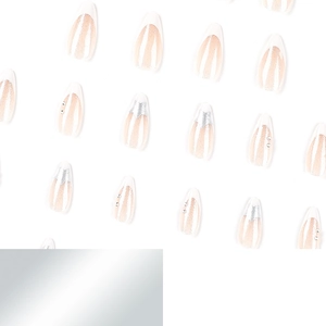 White French almond press-on nails with silver stars and sparkling rhinestone accents