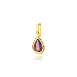 Macro shot of 18k gold plated teardrop charm featuring a purple faceted zircon gemstone
