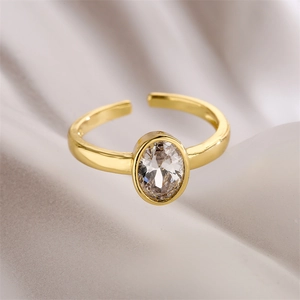 Minimalist gold-plated bear ring with oval zircon gemstone and adjustable open band