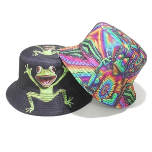 Frog Cartoon Printed Bucket Hat Polyester Sun Protection Outdoor Fisherman Cap Funny Psychedelic Art Streetwear For Men Women