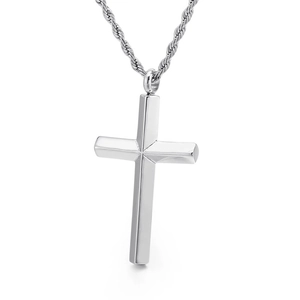 Polished silver stainless steel cross pendant necklace with 3mm twisted rope chain