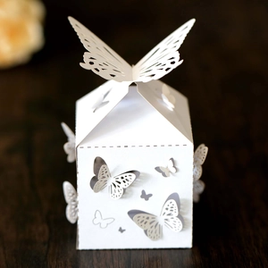 Detail einer weißen lasergeschnittenen Schmetterlings-Geschenkbox mit hohlem Design