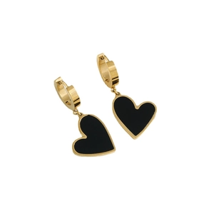 Minimalist heart-shaped gold titanium steel drop earrings with black enamel inlay