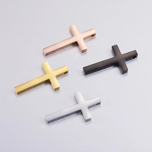 Polished stainless steel cross pendants in rose gold, gold, black, and silver finishes