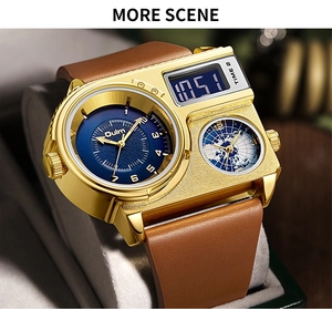 Macro shot of Oulm gold oversized dual-timezone watch with brown leather strap in a gift box