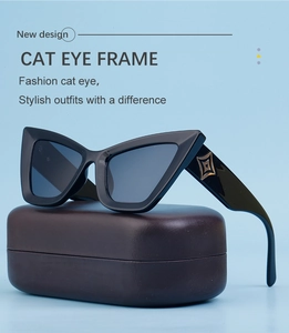 Dettaglio di occhiali da sole cat eye neri con logo a stella dorata e custodia