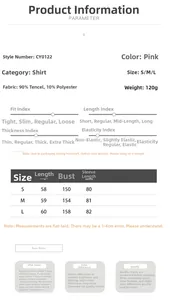 Size chart for pink high neck puff sleeve shirt with fabric details and measurements