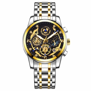 Men's waterproof quartz watch with gold-silver steel band and black skeleton dial face