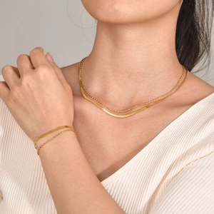 Collier et Bracelet Minimaliste en Acier Inoxydable Double Couche avec Chaîne Serpent et Billes Bijoux Or pour Femme