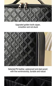 Detail of premium PU leather with golden zippers and adjustable interior dividers