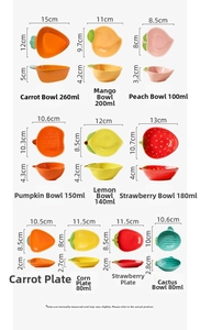 Detailed size chart for various fruit shaped ceramic hamster bowls and feeding dishes