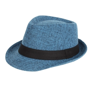 Mens blue linen fedora sun hat with black ribbon band shown at a 45-degree angle view