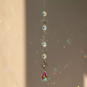 Silver galaxy suncatcher with crystal beads, moon, stars and large teardrop prism