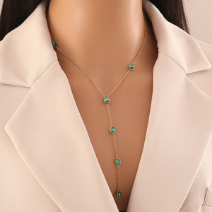 Stainless Steel Y Shape Necklace With Water Drop Glass Pendants Gold Plated Clavicle Chain Fashion Jewelry For Women