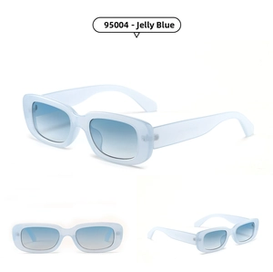 Three-view display of jelly blue rectangular sunglasses with gradient lenses