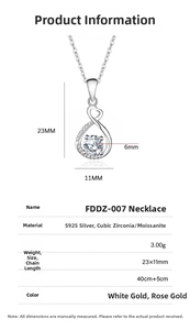 Detail view of S925 silver infinity heart necklace with 6mm zircon and pendant dimensions