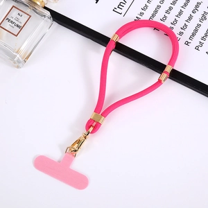Pink braided nylon phone lanyard with gold metal buckle and T-shaped connector patch