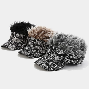 Paisley Print Visor Hat With Spiky Fake Hair Wig Retro Funny Novelty Cotton Sunshade Cap For Men Women