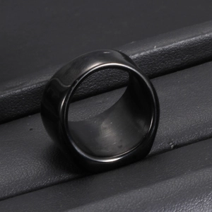 Macro detail of 18mm black square crown ring with polished finish and inner brushed texture