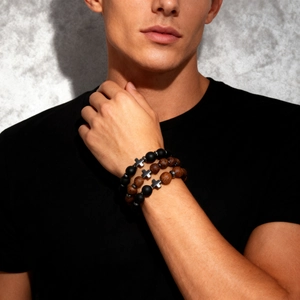 Three-piece beaded bracelet set with natural stone, wood beads and metal cross pendant