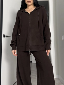 Maillard brown knit lounge set featuring a zip-up hoodie and high-waisted wide-leg pants