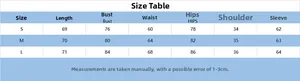 Detailed size chart for leopard print bodysuit with measurements in S, M, and L sizes