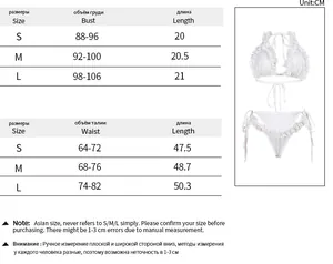 Detailed size chart for sexy lace bikini set including bust, waist, and length measurements