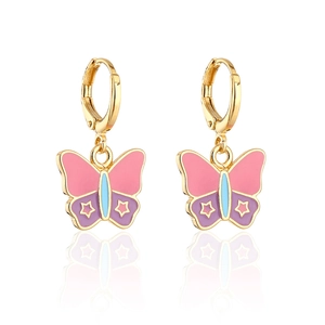 Gold plated butterfly drop earrings with pink and purple enamel and star patterns