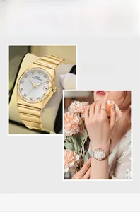 Detail showing gold steel watch with date window and diamond-studded bezel on a woman's wrist