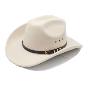 Classic cream western cowboy felt hat with black leather belt and gold buckle detailing