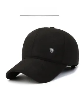 Detailed view of winter baseball cap featuring black wool fabric and metal shield buckle